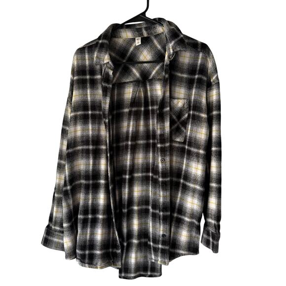 BP. Women’s Flannel Shirt Black White Yellow‎ Plaid Button Front Top Size M - Picture 1 of 7